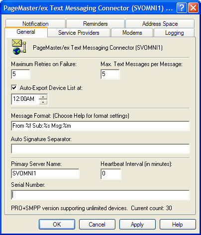 Text Messaging Connector Properties dialog