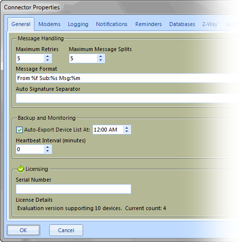 Text Messaging Connector Properties dialog